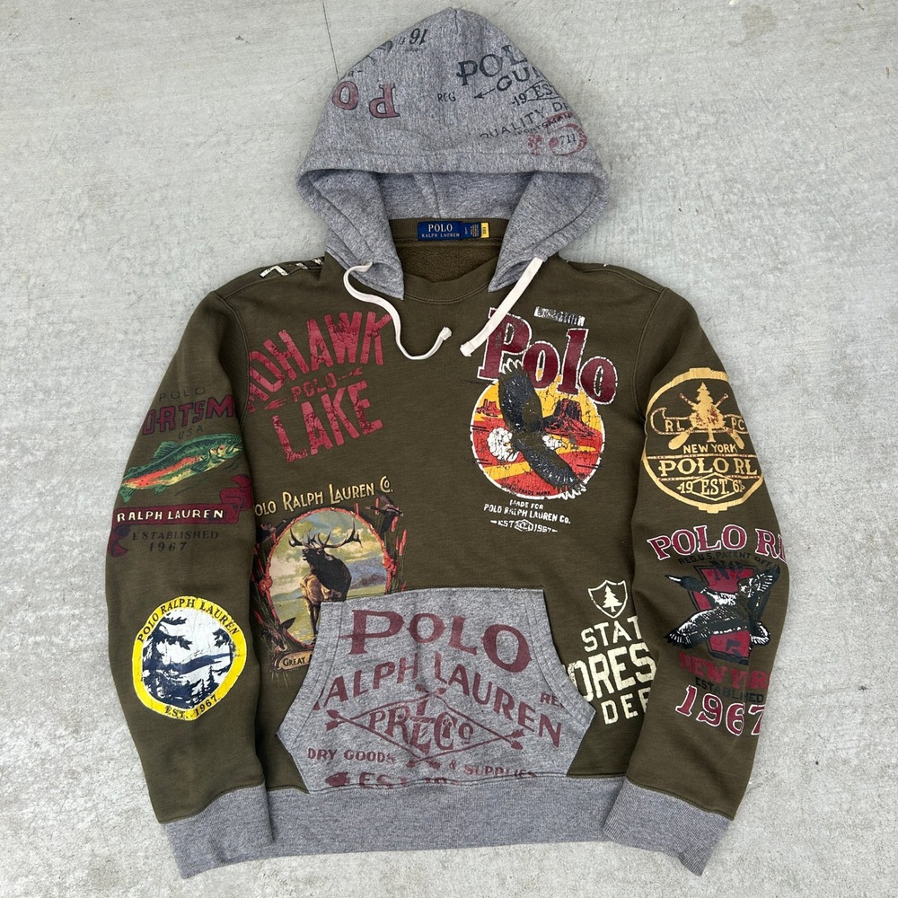 Polo Ralph Lauren Sportsman Afterhood Hoodie Mens Large Olive Multi Graphic Rare